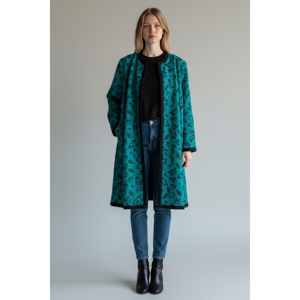 Pauline Trigere Vintage Reversible Coat Teal Abstract Print Black Duster XLRare